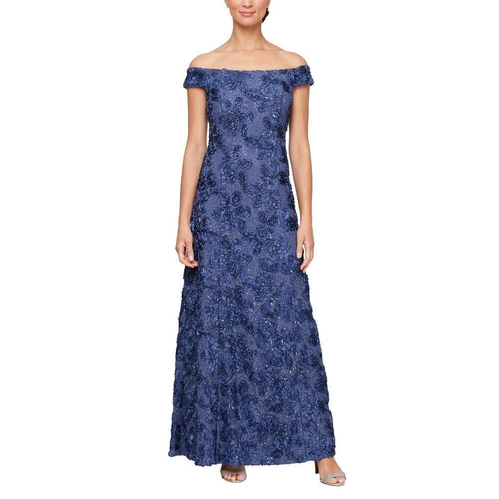 Alex Evenings Off-the-Shoulder Long Rosette Lace A-Line Dress Size 12 NWT